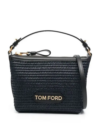 Tom Ford Woven Raffia Top Handle Shoulder Bag Black