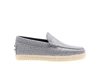 Tods Croc-Embossed Leather Espadrille with Raffia Sole Grey