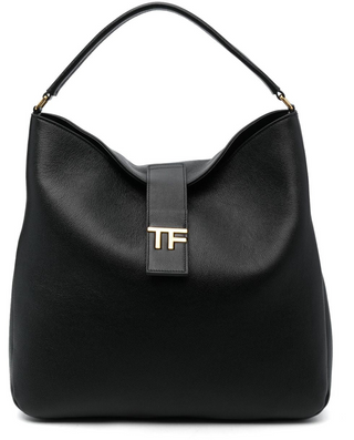 Tom Ford Pebbled Leather TF Logo Hobo Bag Black