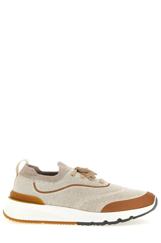 Brunello Cucinelli Logo Embossed Knitted Lace-Up Sneakers in Brown