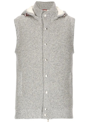 Brunello Cucinelli Grey Down-Knitted Hooded Snap Gilet