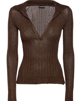 Tom Ford Metallic Ribbed Knit Long-Sleeve Polo Top Brown