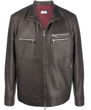 Brunello Cucinelli Leather Stand-Collar Bomber Jacket Brown