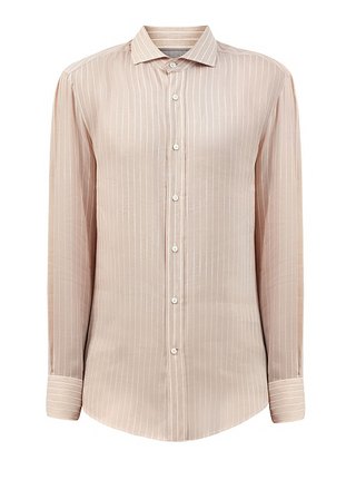 Brunello Cucinelli Striped Cotton-Blend Point-Collar Shirt Taupe