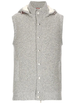 Brunello Cucinelli Grey Down-Knitted Hooded Snap Gilet