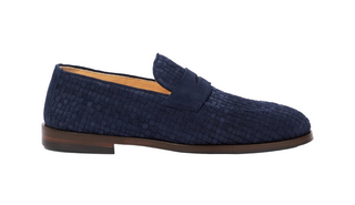Brunello Cucinelli Woven Suede Penny Loafers In Deep Blue