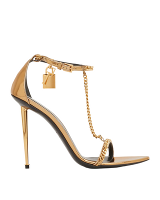 Tom Ford Metallic Patent Leather Padlock Chain Stiletto Sandals