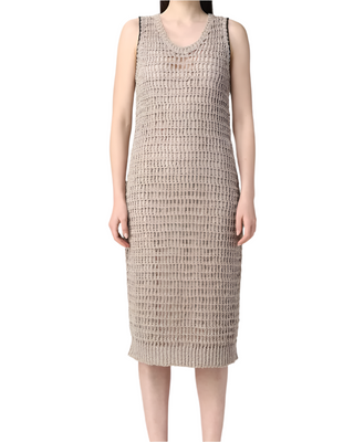 Brunello Cucinelli Open-Knit V-Neck Sleeveless Maxi Dress in Beige
