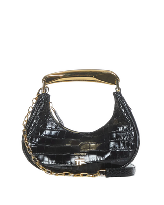 Tom Ford Shiny Croc-Embossed Leather Mini Hobo Bag with Gold Arch Handle