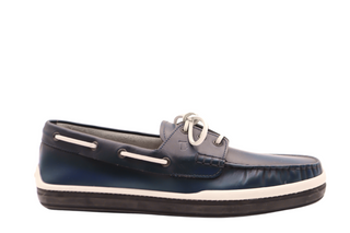 Tods Baltic Blue Leather White-Laced Boat Shoes