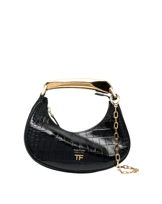 Tom Ford Croc-Effect Leather Crescent Bag with Gold Handle