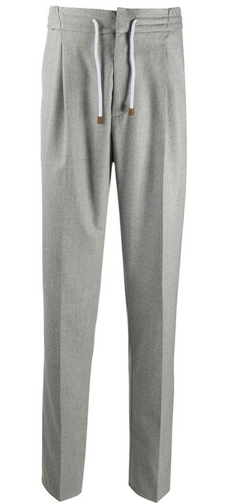 Brunello Cucinelli Grey Wool Blend Pleated Drawstring Trousers