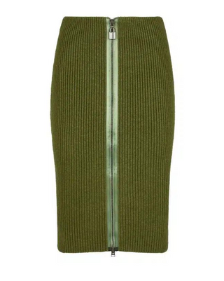 Tom Ford Ribbed Knit Full-Zip Pencil Skirt Olive Green