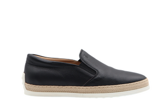 Tods Grained Leather Espadrille Loafers with Rubber Raffia Sole