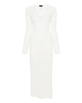 Tom Ford Open-Knit V-Neck Long-Sleeve Midi Dress