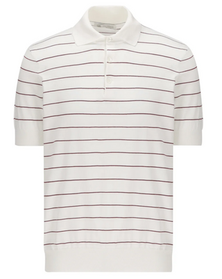 Brunello Cucinelli Ecru Striped Knit Cotton Polo Shirt