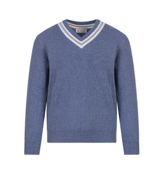 Brunello Cucinelli Brunello Cucinelli Ribbed Knit Striped Trim V-Neck Sweater Blue