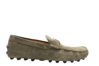 Tods Green Suede Gommino Driver Shoes with Gold T-Bar