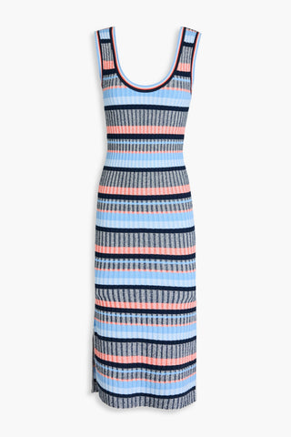 VERONICA BEARD FABIANA STRIPED RIBBED-KNIT MIDI DRESS - Size L