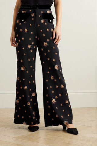 CAMILLA VELVET-TRIMMED PRINTED WOVEN FLARED PANTS - Size M