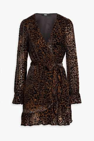 PAIGE YSABEL RUFFLED LEOPARD-PRINT DEVOR-VELVET MINI DRESS - Size 6