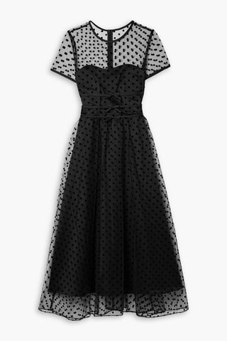 HVN SCARLETT BOW-EMBELLISHED FLOCKED TULLE AND SATIN MIDI DRESS - Size 4