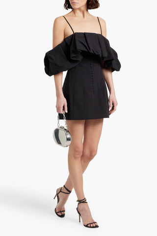 SIMKHAI PUFF COLD-SHOULDER RUFFLED COTTON AND LINEN-BLEND MINI DRESS - Size 4