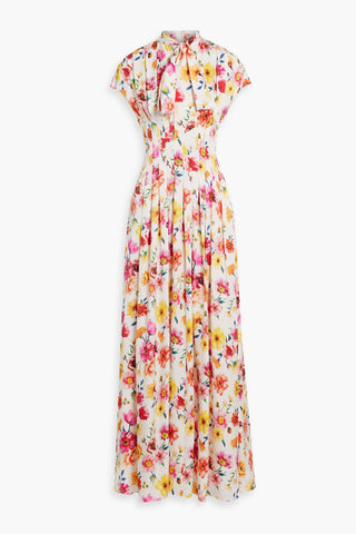 MIKAEL AGHAL PUSSY-BOW PLEATED FLORAL-PRINT SATIN MAXI DRESS - Size 6