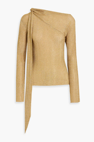 RABANNE TIE-DETAILED METALLIC PLISS-KNIT SWEATER - Size M