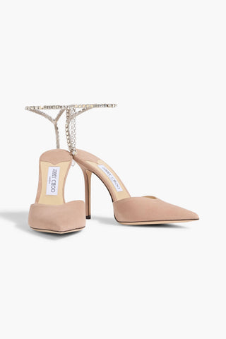 JIMMY CHOO SAEDA 100 CRYSTAL-EMBELLISHED SUEDE PUMPS - Size 38.5