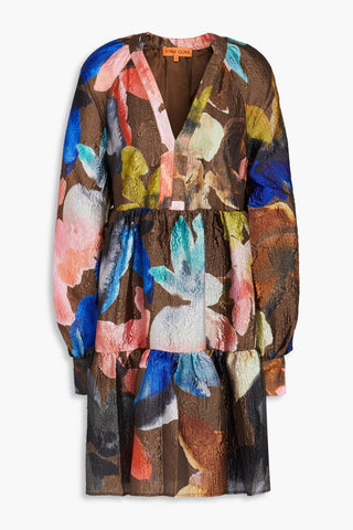 STINE GOYA TIERED FLORAL-PRINT CLOQU MINI DRESS - Size XXS