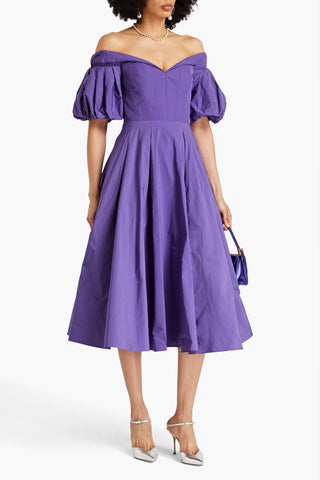 MARCHESA NOTTE OFF-THE-SHOULDER PLEATED TAFFETA MIDI DRESS - Size 10