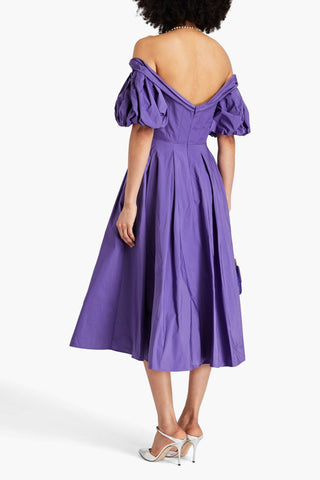 MARCHESA NOTTE OFF-THE-SHOULDER PLEATED TAFFETA MIDI DRESS - Size 10
