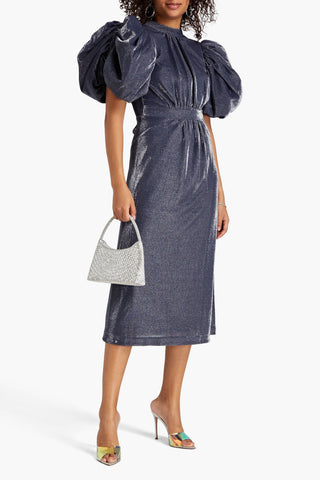 ROTATE BIRGER CHRISTENSEN CUTOUT GATHERED METALLIC JERSEY MIDI DRESS - Size 38