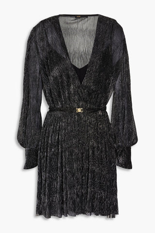 MAJE WRAP-EFFECT BELTED METALLIC KNITTED MINI DRESS - Size 38