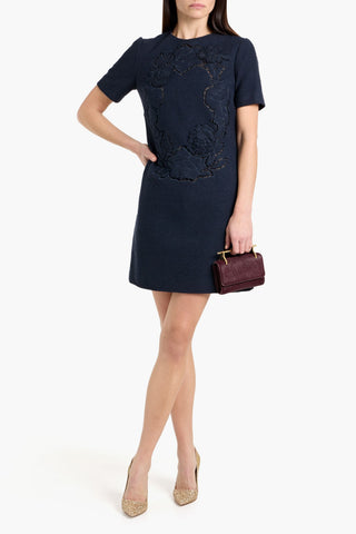 OSCAR DE LA RENTA COTTON-BLEND BOUCL AND GUIPURE LACE MINI DRESS - Size 4