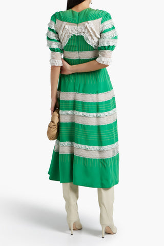 VALENTINO GARAVANI RUFFLED TULLE AND VELVET-PANELED SILK-TWILL MIDI DRESS - Size 40