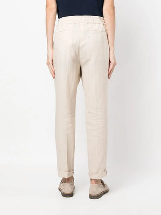 Brunello Cucinelli Pinstriped Linen Blend Drawstring Cuffed Trousers Beige