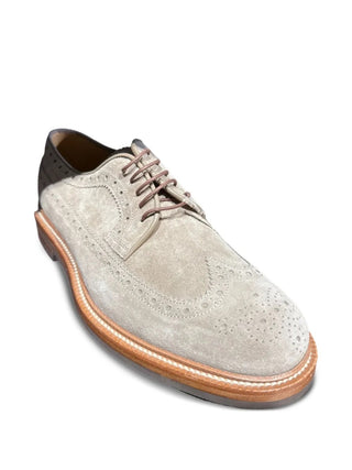 Brunello Cucinelli Suede Wingtip Derby Shoes with Contrast Heel, Stone