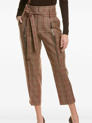 Brunello Cucinelli Plaid Paperbag-Waist Tapered Trousers with Side Stripe