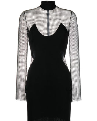 Tom Ford Fishnet Sleeve Mock Neck Mini Dress Black