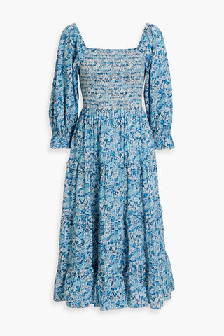 LOVESHACKFANCY MINNIE TIERED SMOCKED FLORAL-PRINT COTTON-POPLIN MIDI DRESS - Size XXS