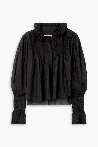 ISABEL MARANT GINETTE LACE-TRIMMED RUFFLED COTTON AND SILK-BLEND BLOUSE - Size 34