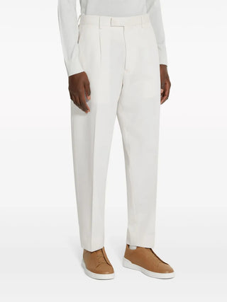 Zegna White Cotton Blend Flat-Front Trousers