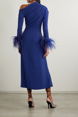 16ARLINGTON ADELAIDE ONE-SHOULDER FEATHER-TRIMMED CREPE MIDI DRESS - Size 10