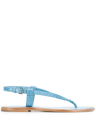 Brunello Cucinelli Embossed Leather T-Strap Flat Sandals Light Blue