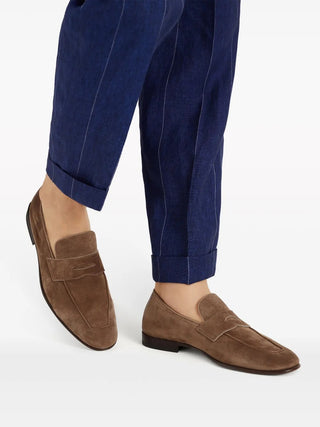 Brunello Cucinelli Suede Penny Loafers in Taupe