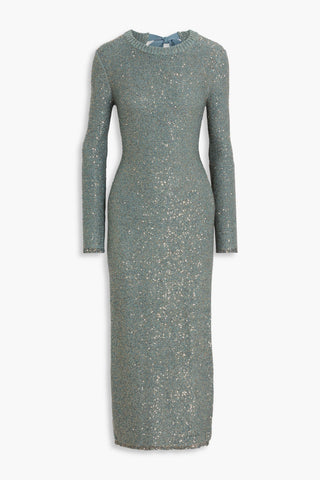 ALTUZARRA CINDY SEQUIN-EMBELLISHED METALLIC STRETCH-KNIT MIDI DRESS - Size L