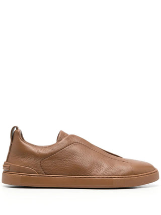 Zegna Grained Leather Slip-On Sneakers Cognac