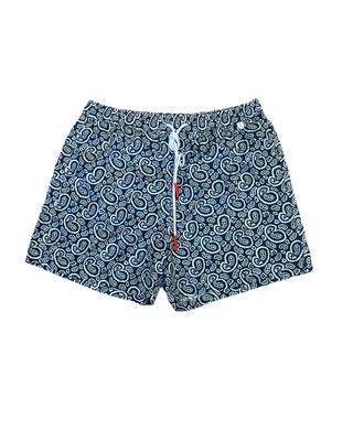 ISAIA Isaia Paisley Print Drawstring Swim Trunks Navy White